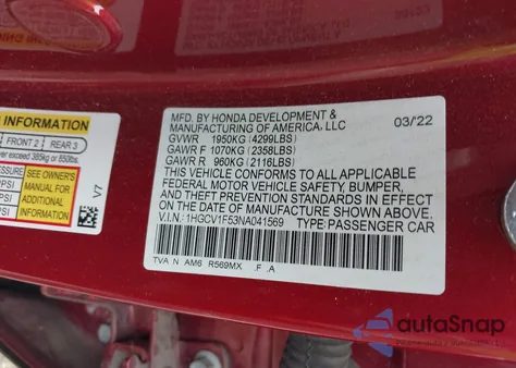 2022 Honda Accord Ex-L из США, поврежденный, VIN 1HGCV1F53NA041569